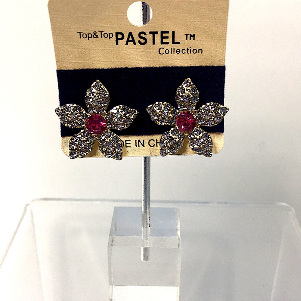 NEW PASTEL PIERCED RHINESTONE FLOWER EARRINGS